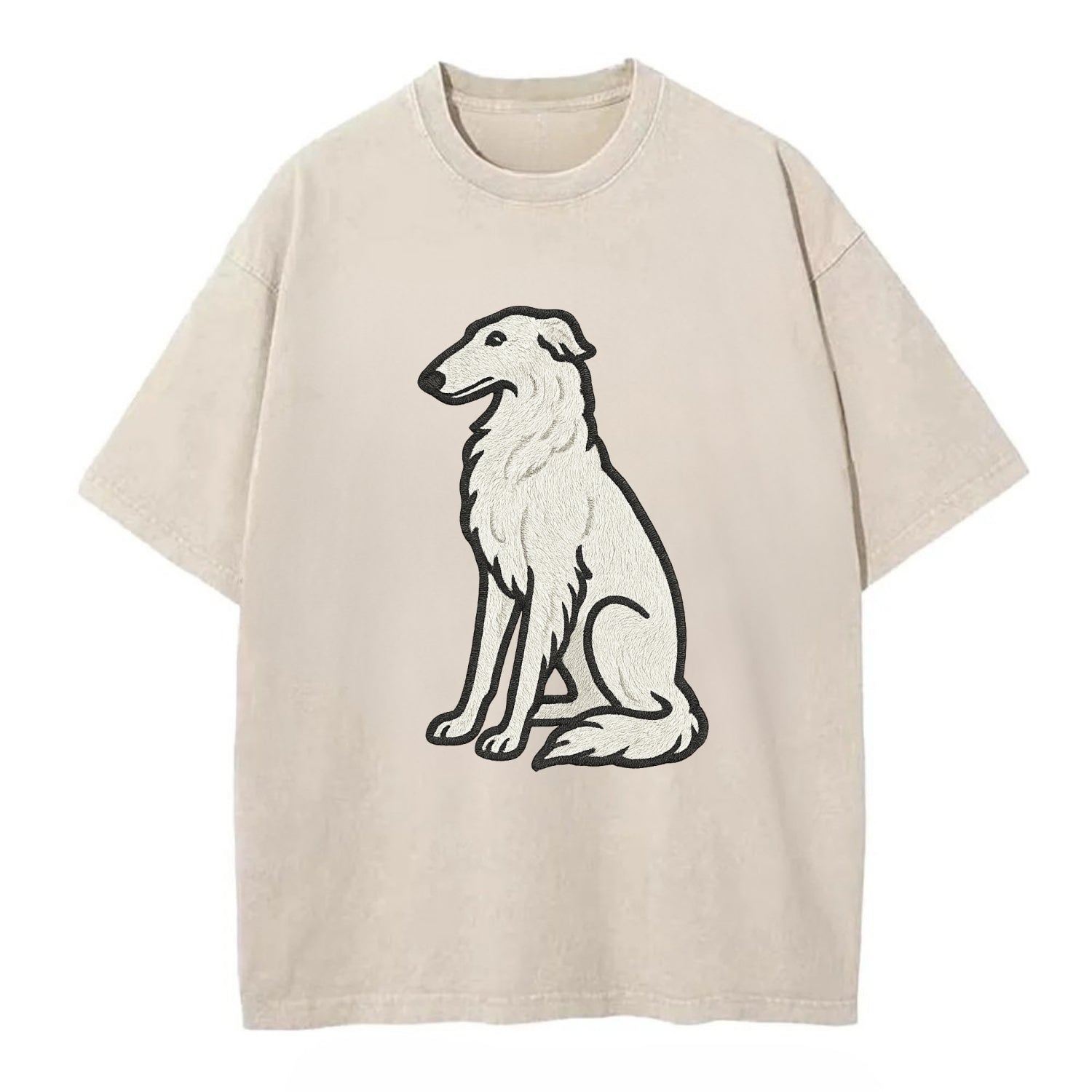Borzoi - White embroidered sitting pose - Vintage T-shirt - Off White