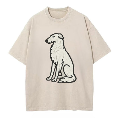 Borzoi - White embroidered sitting pose - Vintage T-shirt - Off White