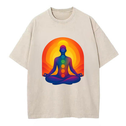 Sunset Meditation - Figure in lotus pose Vintage T-shirt - Off White