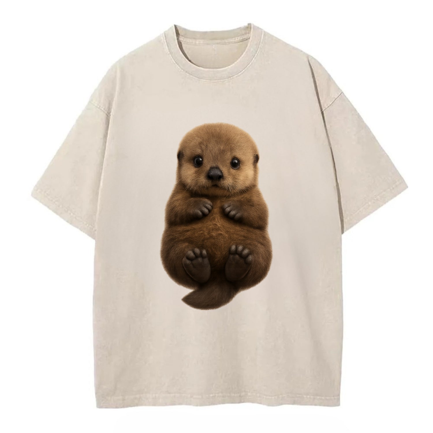 Baby Sea Otter - brown fluffy, floating on back, tiny paws, bright eyes, - Vintage T-shirt - Off White