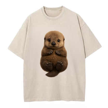Baby Sea Otter - brown fluffy, floating on back, tiny paws, bright eyes, - Vintage T-shirt - Off White
