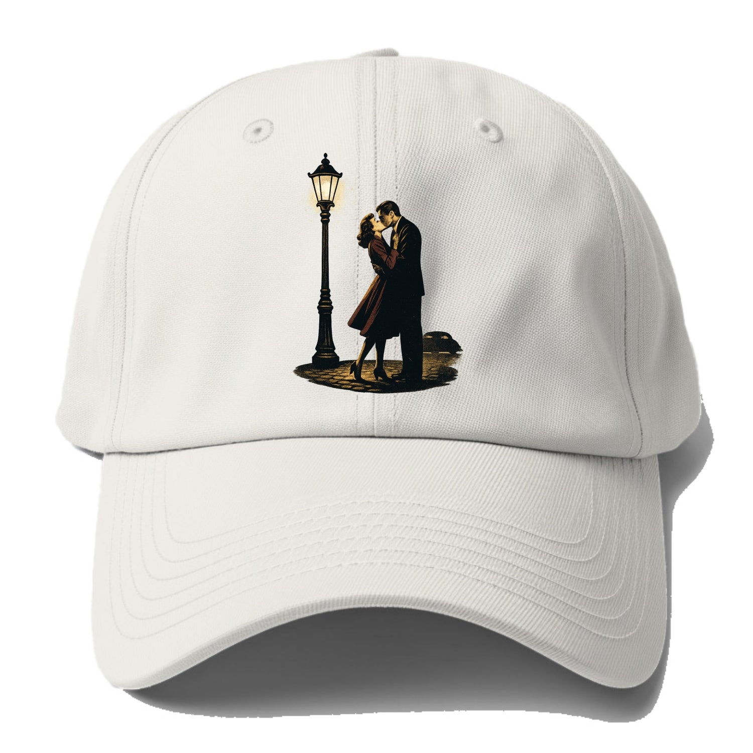 first kiss under vintage street lamp on cobblestone at night - Baseball Cap - Off White