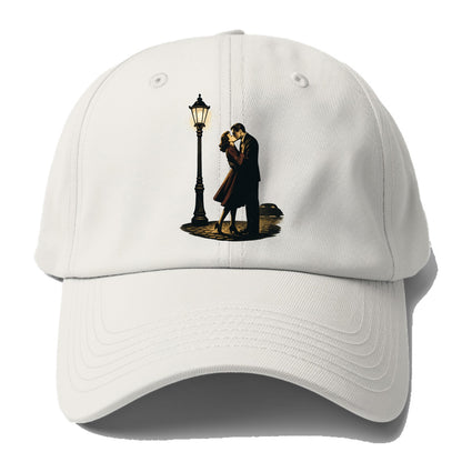 first kiss under vintage street lamp on cobblestone at night - Baseball Cap - Off White
