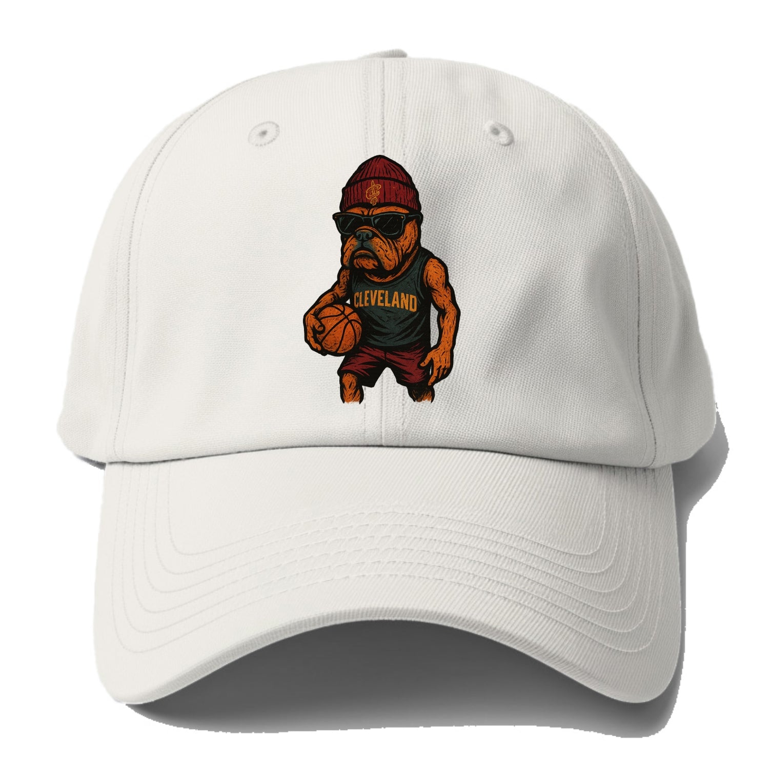 Cleveland Bulldog wearing Cavaliers wine and gold beanie with sword patch and - Baseball Cap - Off White