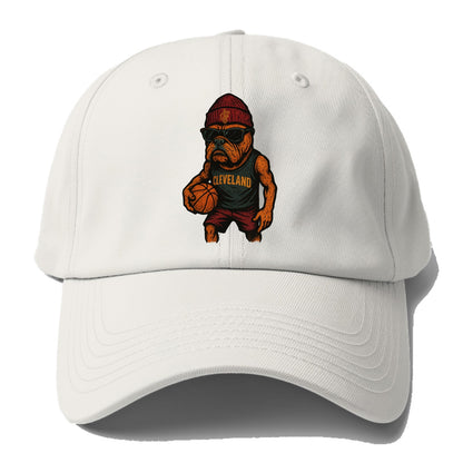 Cleveland Bulldog wearing Cavaliers wine and gold beanie with sword patch and - Baseball Cap - Off White