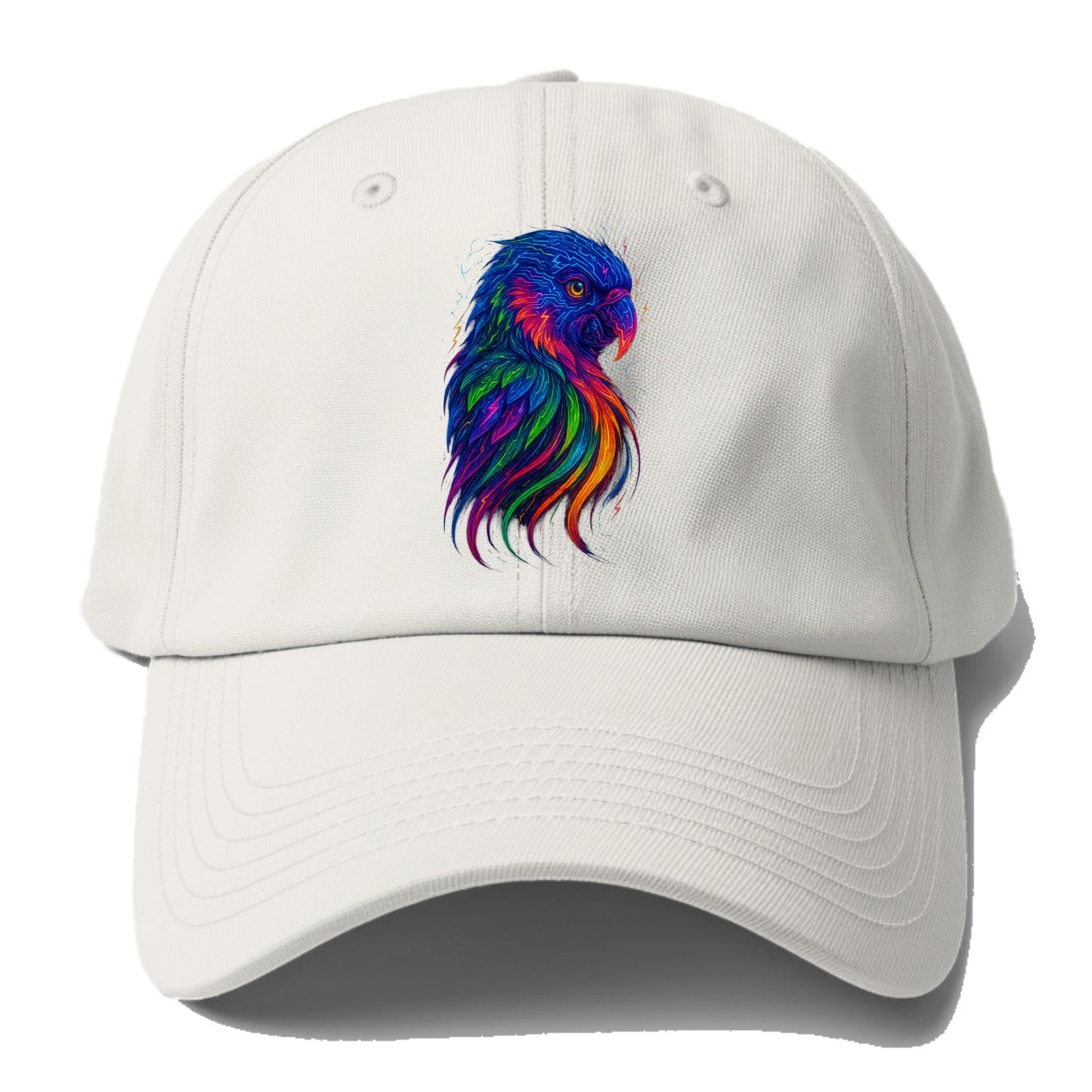 Vibrant parrot with feathers flowing into tropical rainbow streams, every color of - Baseball Cap - Off White