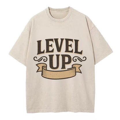 Bold typography design - "LEVEL UP" - improving, advancing, growing - Vintage T-shirt - Off White