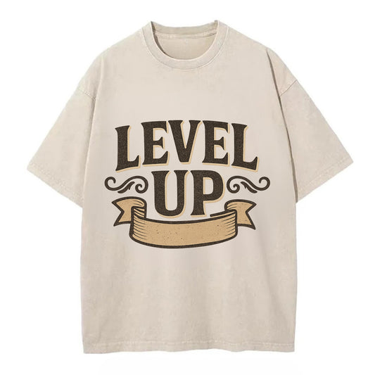 Bold typography design - "LEVEL UP" - improving, advancing, growing - Vintage T-shirt - Off White