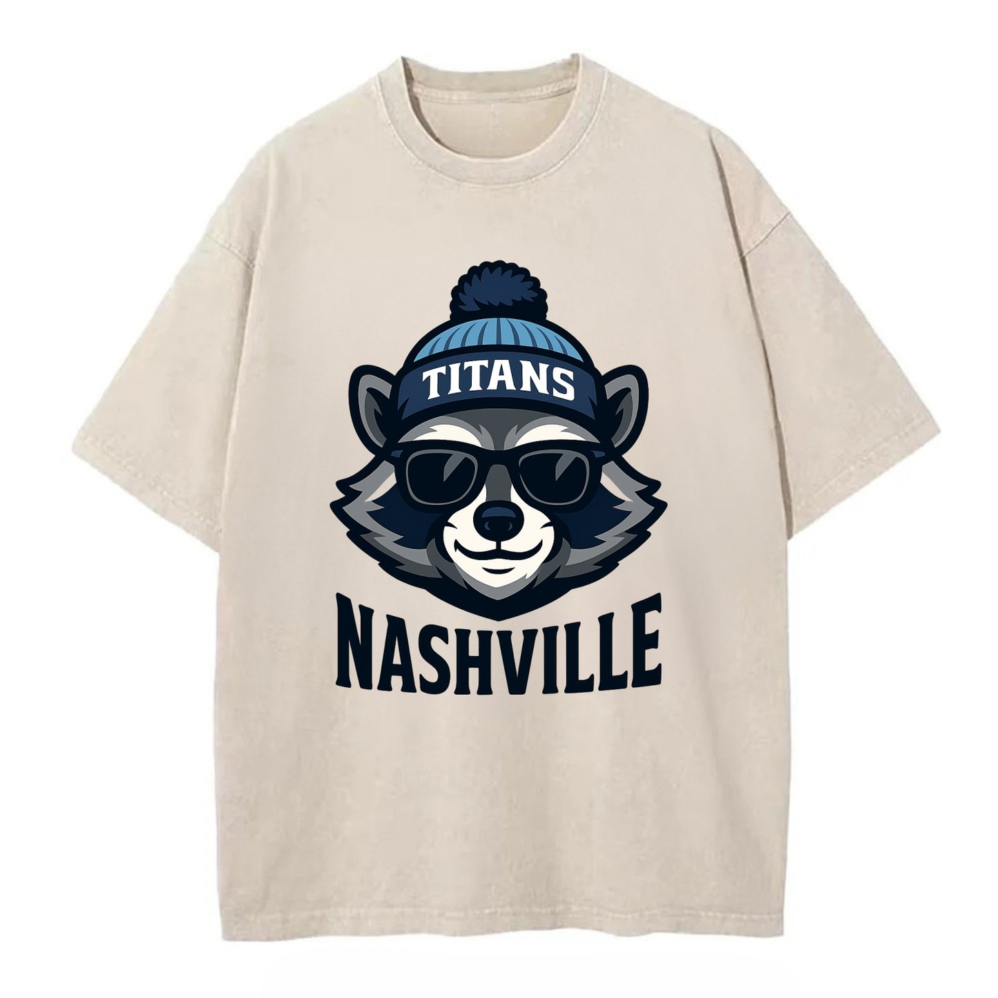 Nashville Raccoon wearing Titans navy and light blue beanie with pom pom and - Vintage T-shirt - Off White