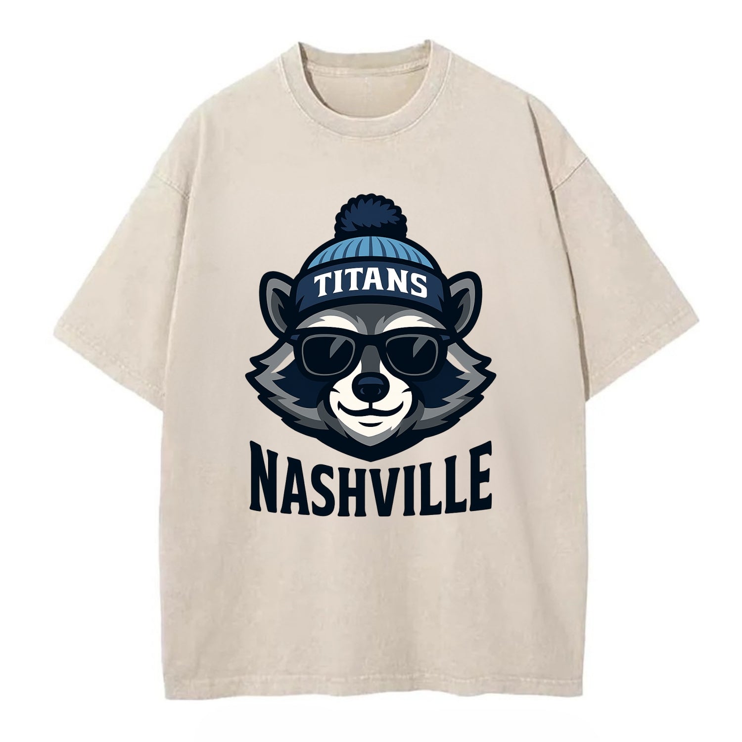 Nashville Raccoon wearing Titans navy and light blue beanie with pom pom and - Vintage T-shirt - Off White
