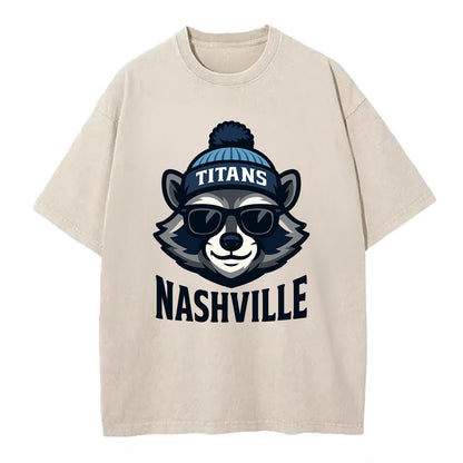Nashville Raccoon wearing Titans navy and light blue beanie with pom pom and - Vintage T-shirt - Off White