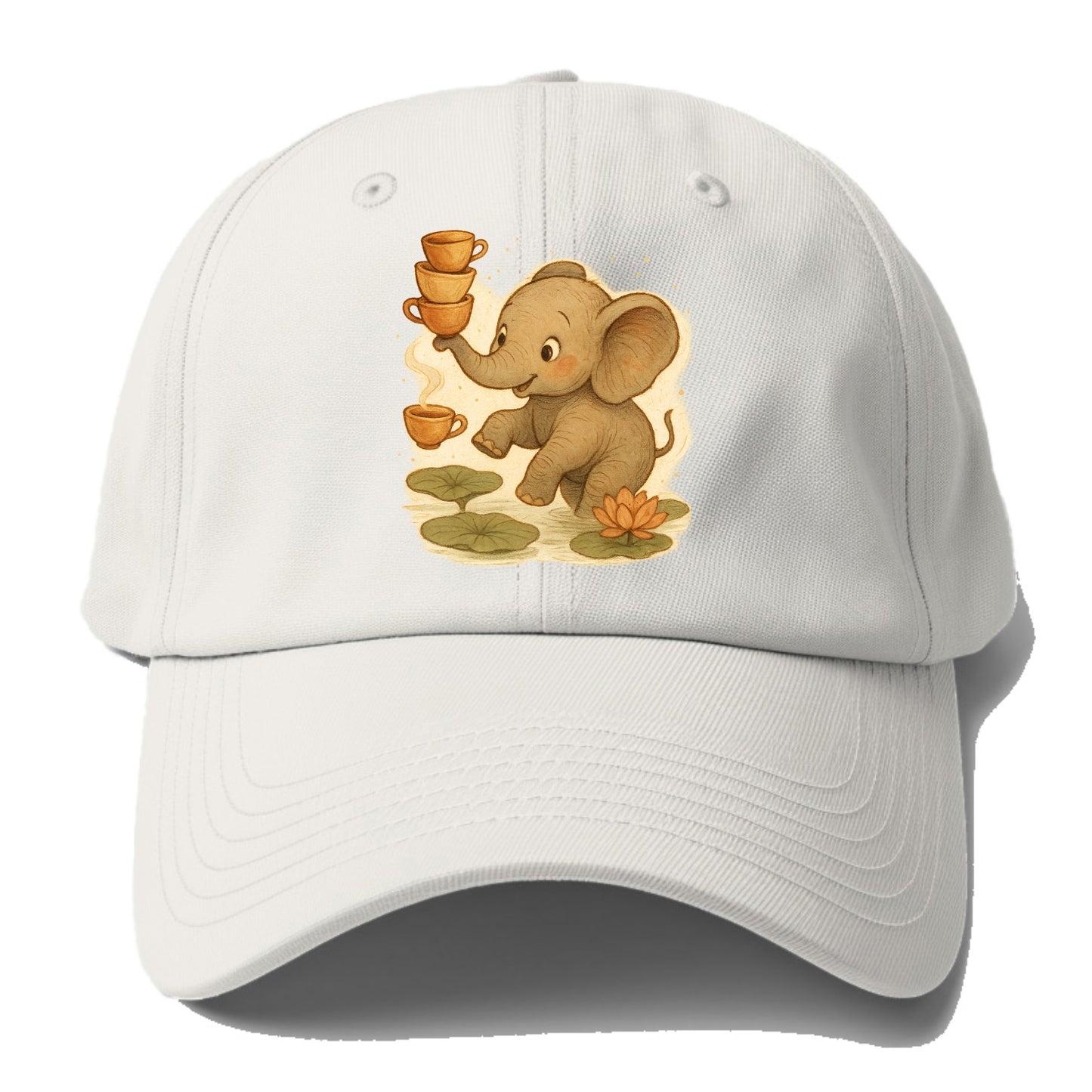 Elephant balancing teacups during a floating tea ceremony beside lotus - Baseball Cap For Big Heads - Off White