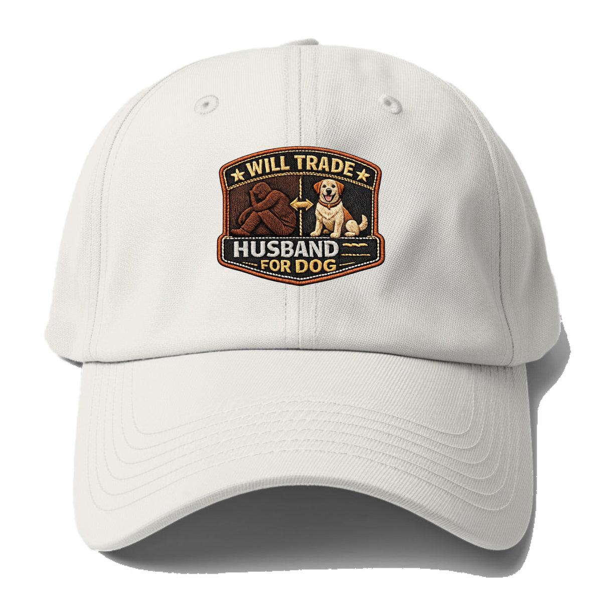 WILL TRADE HUSBAND FOR DOG - dog and man silhouette in brown , pet - Baseball Cap For Big Heads - Off White