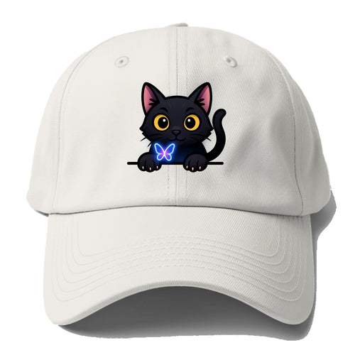 Midnight the black cat blowing a glossy bubblegum bubble while peeking. - Baseball Cap