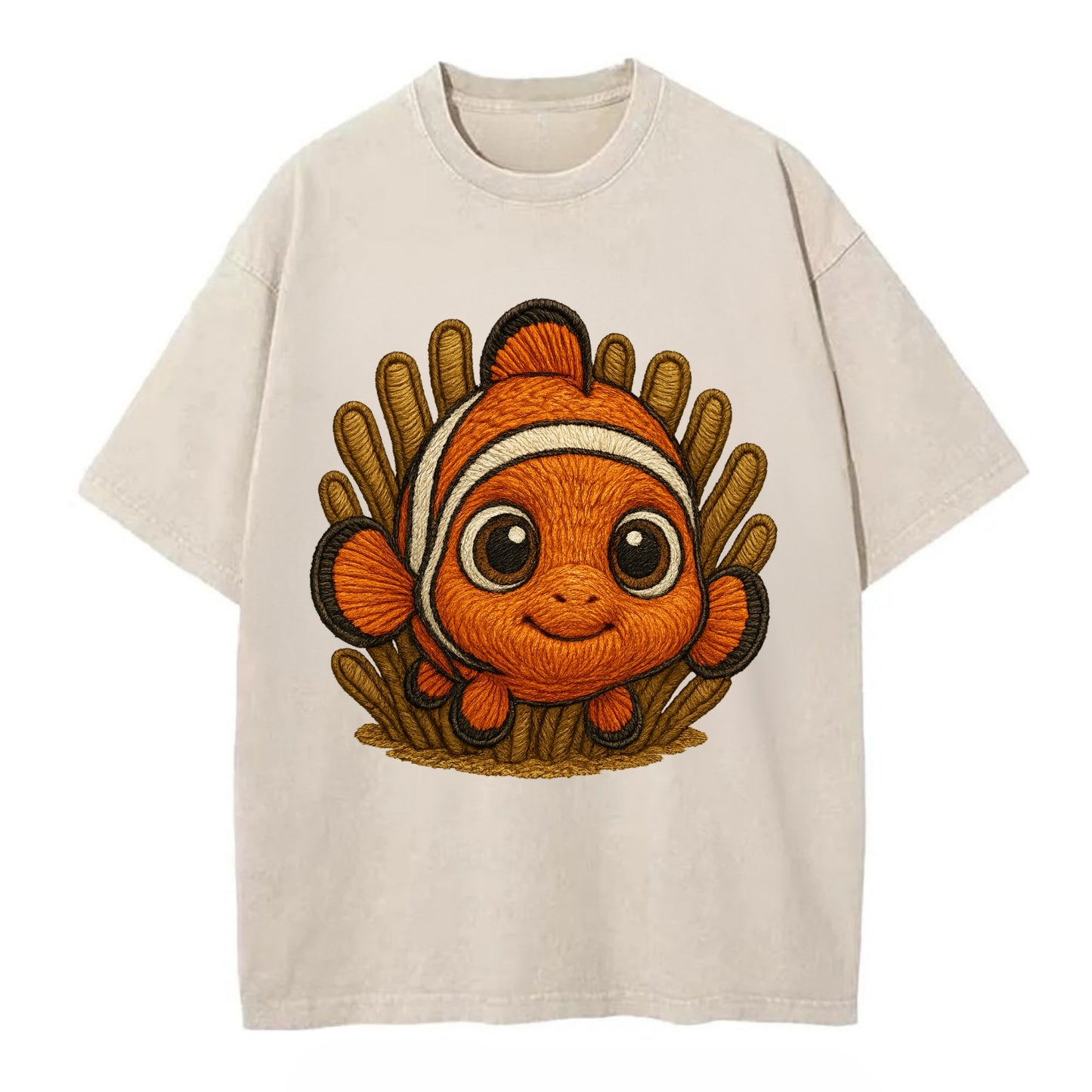 Baby Clownfish - orange with white stripes, big round eyes, front-facing in - Vintage T-shirt - Off White