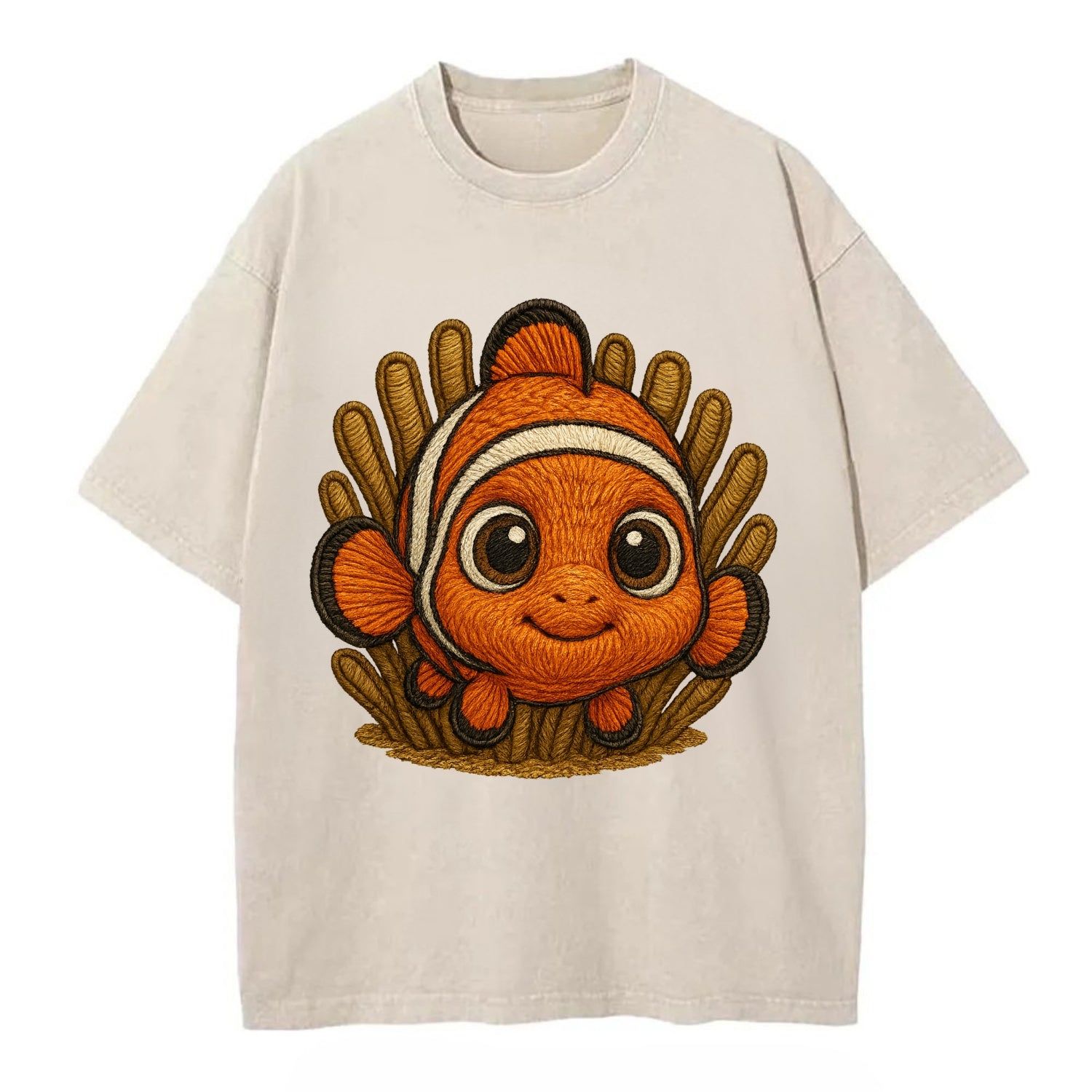 Baby Clownfish - orange with white stripes, big round eyes, front-facing in - Vintage T-shirt - Off White