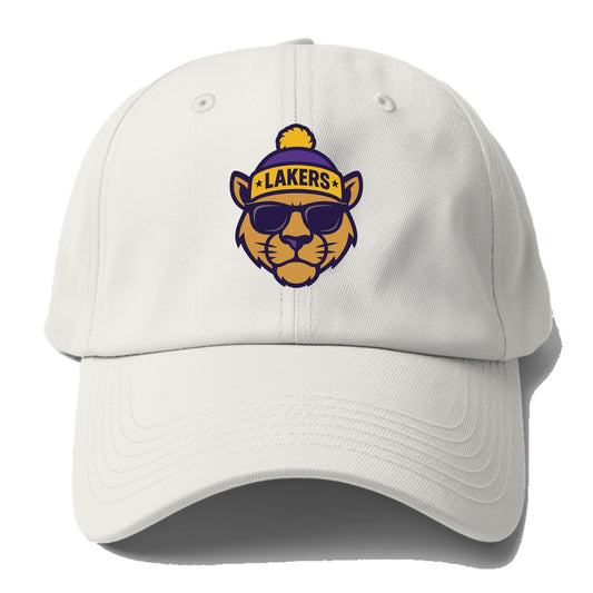 LA Mountain Lion wearing Lakers purple and gold beanie with - Baseball Cap For Big Heads - Off White