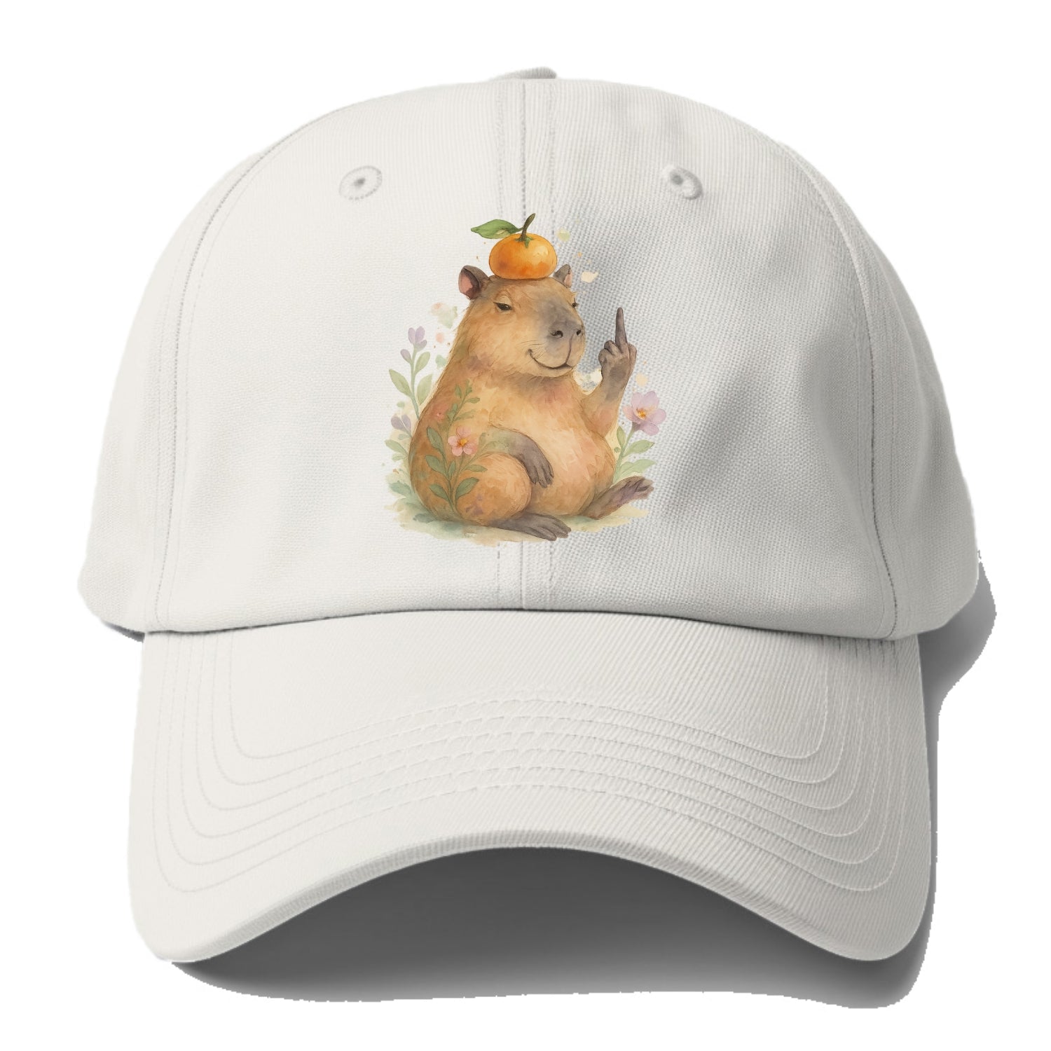 chonky capybara relaxing with orange on head, one webbed middle finger up - Baseball Cap - Off White