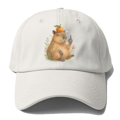 chonky capybara relaxing with orange on head, one webbed middle finger up - Baseball Cap - Off White