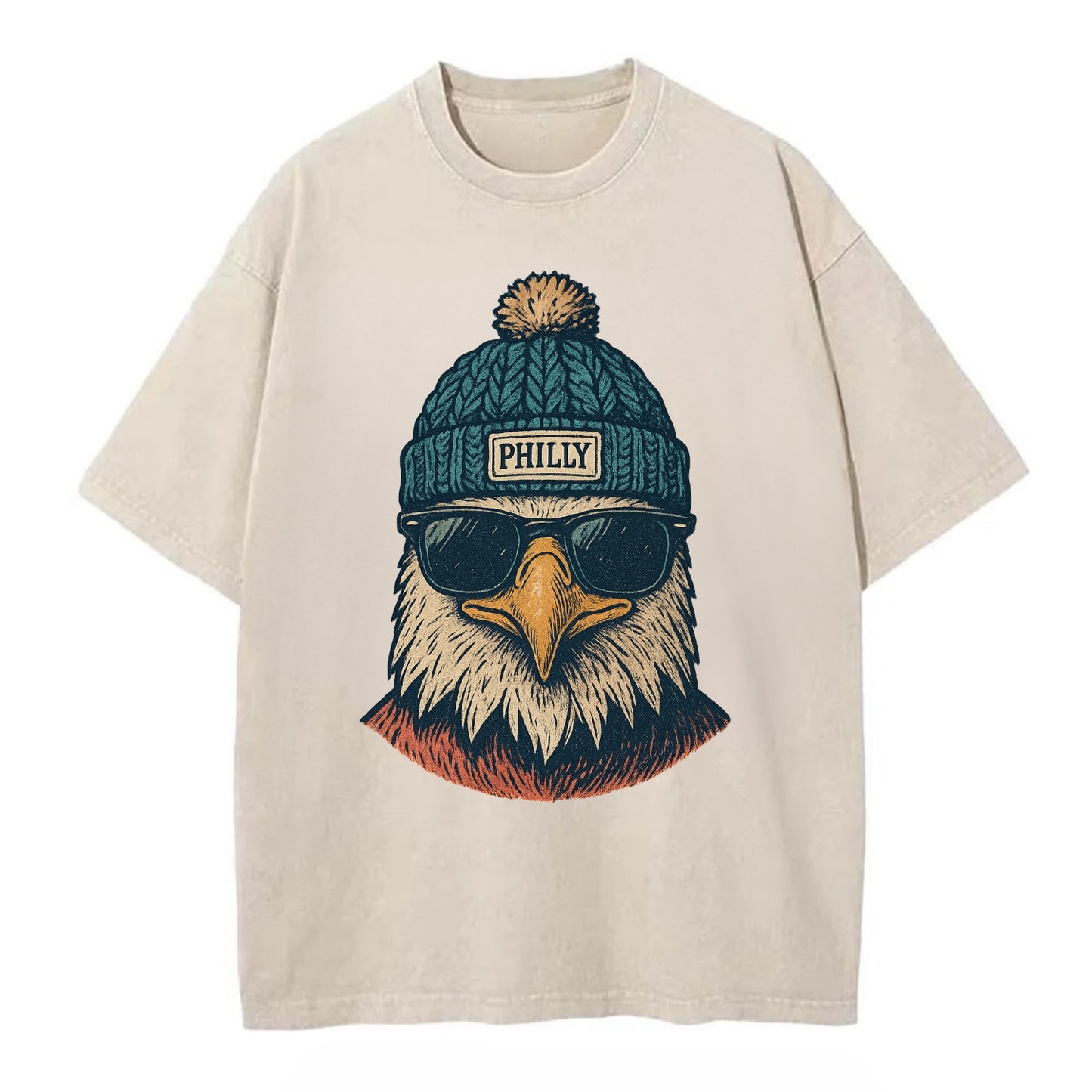 Philadelphia Eagle wearing Philly beanie with pom pom and wayfarer sunglasses - Vintage T-shirt - Off White