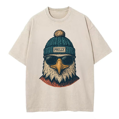 Philadelphia Eagle wearing Philly beanie with pom pom and wayfarer sunglasses - Vintage T-shirt - Off White
