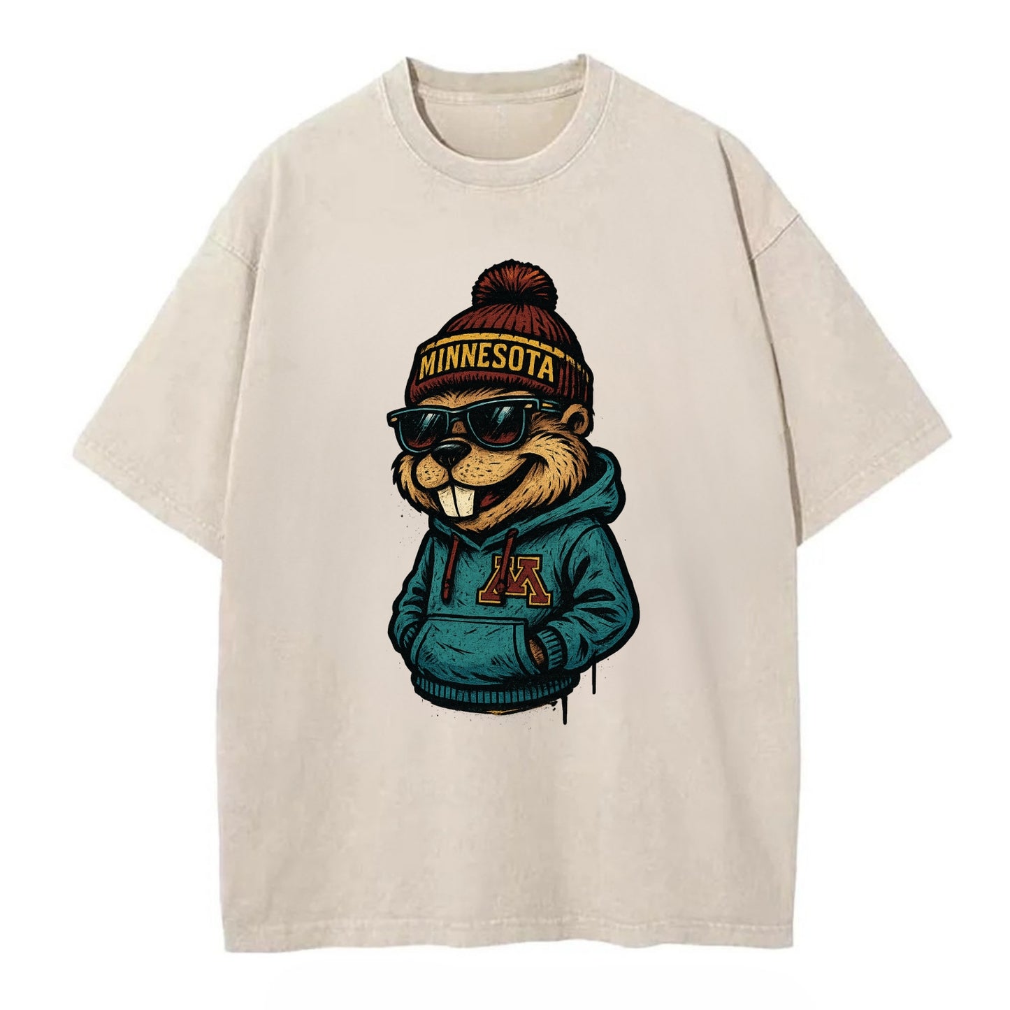 Minneapolis Gopher wearing Minnesota beanie with M patch - Vintage T-shirt - Off White