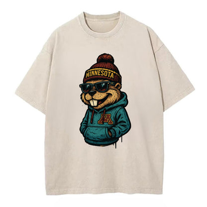 Minneapolis Gopher wearing Minnesota beanie with M patch - Vintage T-shirt - Off White