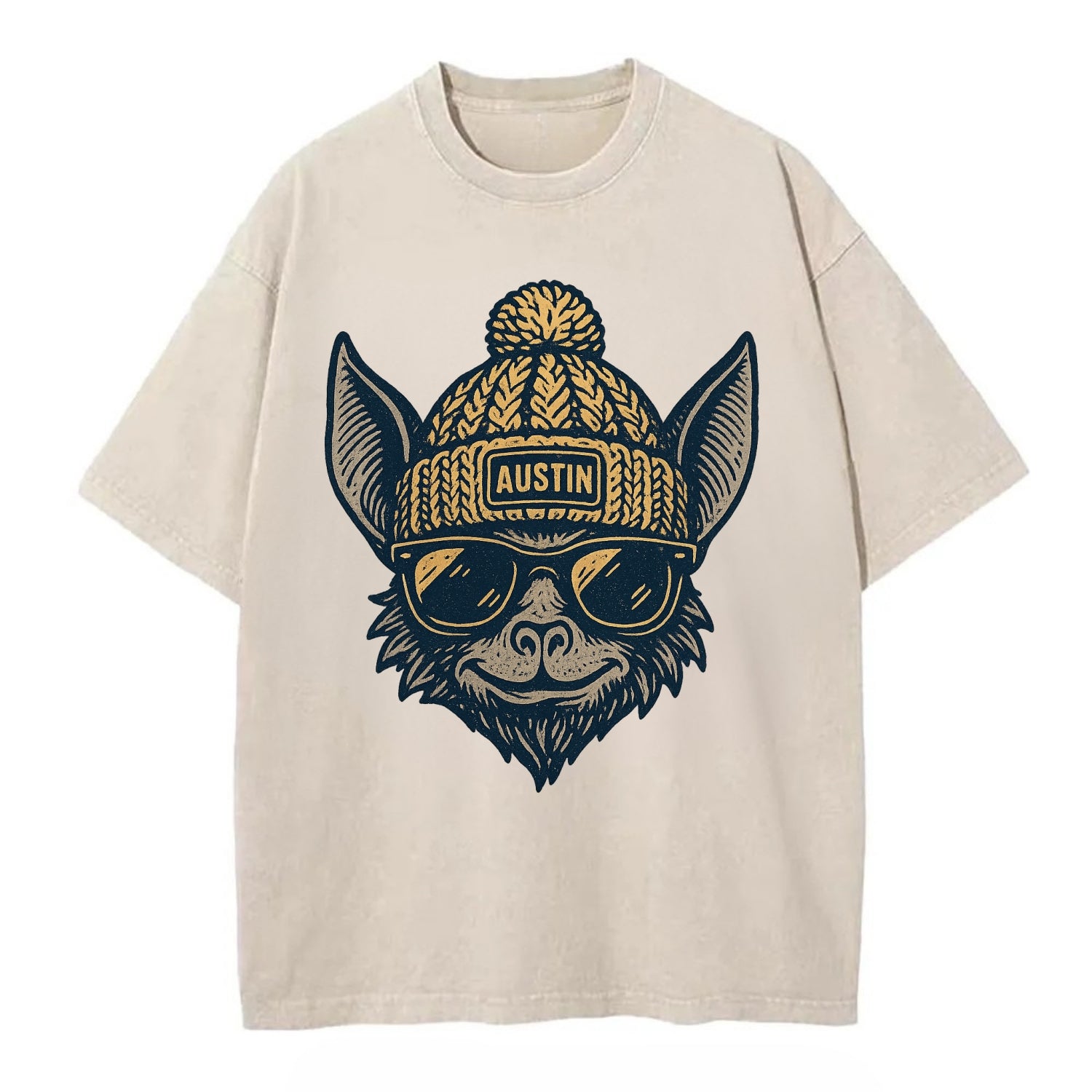 Austin Bat wearing Austin beanie with pom pom and wayfarer sunglasses - Vintage T-shirt - Off White