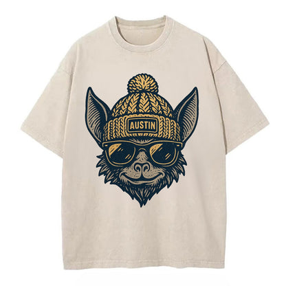 Austin Bat wearing Austin beanie with pom pom and wayfarer sunglasses - Vintage T-shirt - Off White