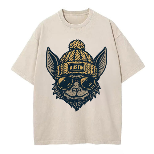 Austin Bat wearing Austin beanie with pom pom and wayfarer sunglasses - Vintage T-shirt
