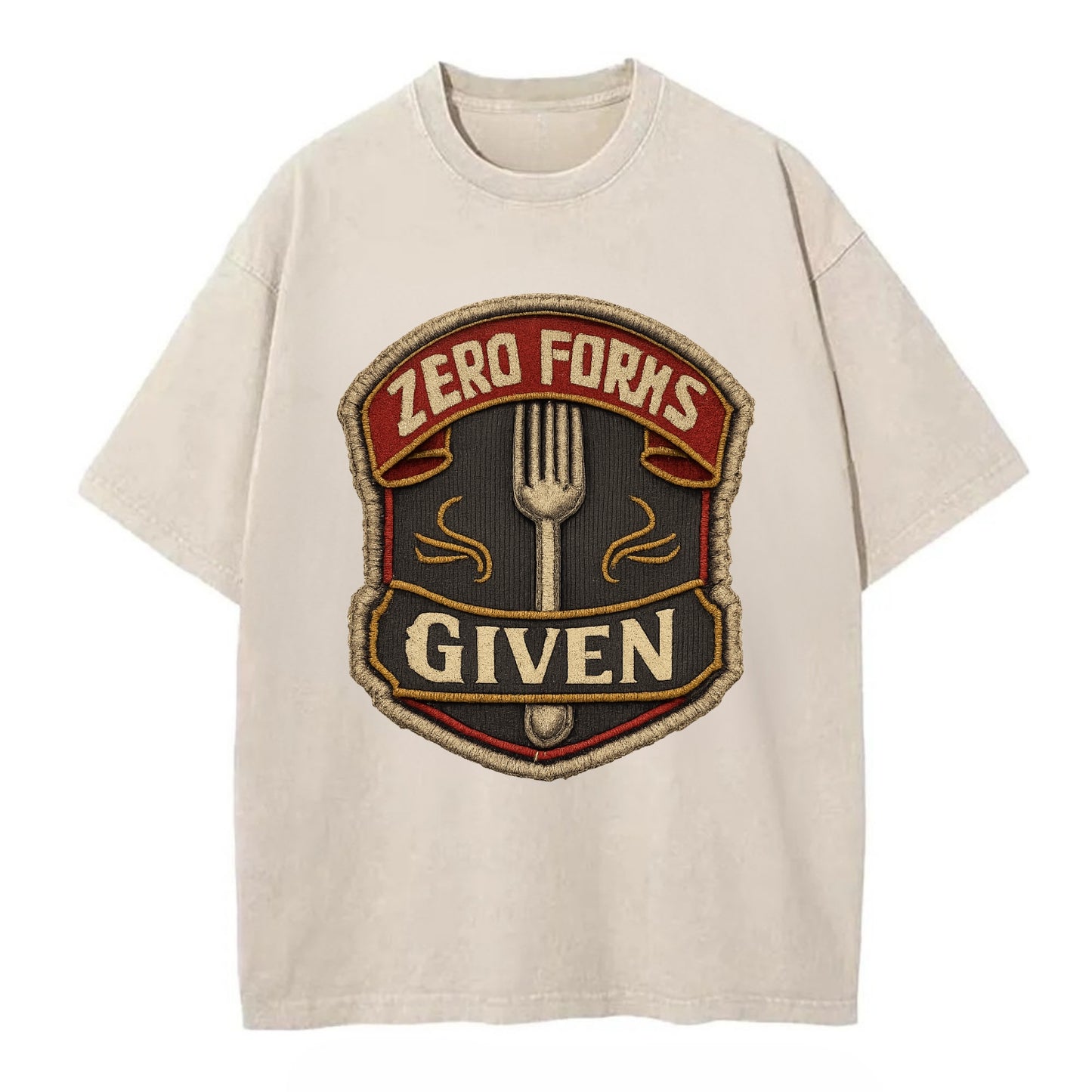 ZERO FORKS GIVEN - fork with text in silver , no cares attitude - Vintage T-shirt - Off White