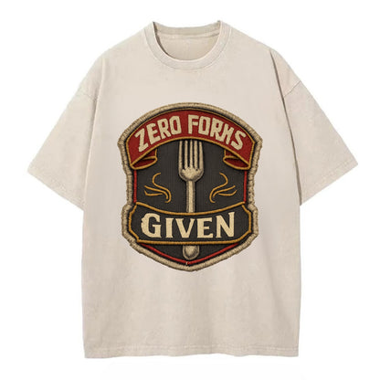ZERO FORKS GIVEN - fork with text in silver , no cares attitude - Vintage T-shirt - Off White