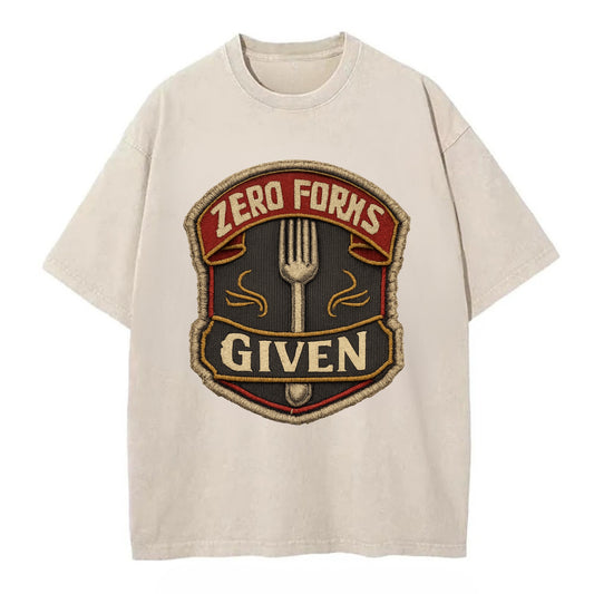 ZERO FORKS GIVEN - fork with text in silver , no cares attitude - Vintage T-shirt - Off White