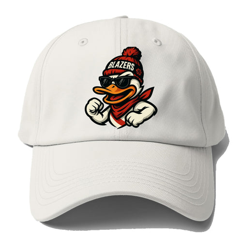 Oregon Duck wearing Trail Blazers beanie with rose patch and wayfarer sunglasses - Baseball Cap
