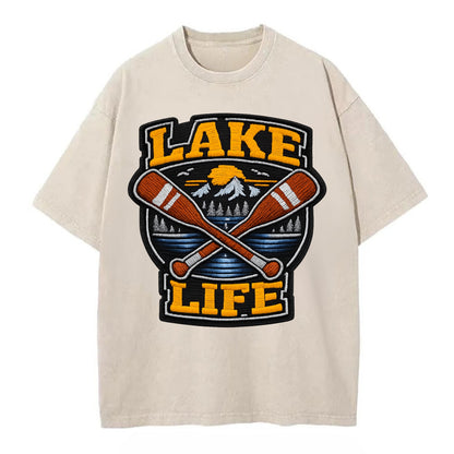 CANOE PADDLE - wooden paddle crossed in brown and cream , lake life - Vintage T-shirt - Off White