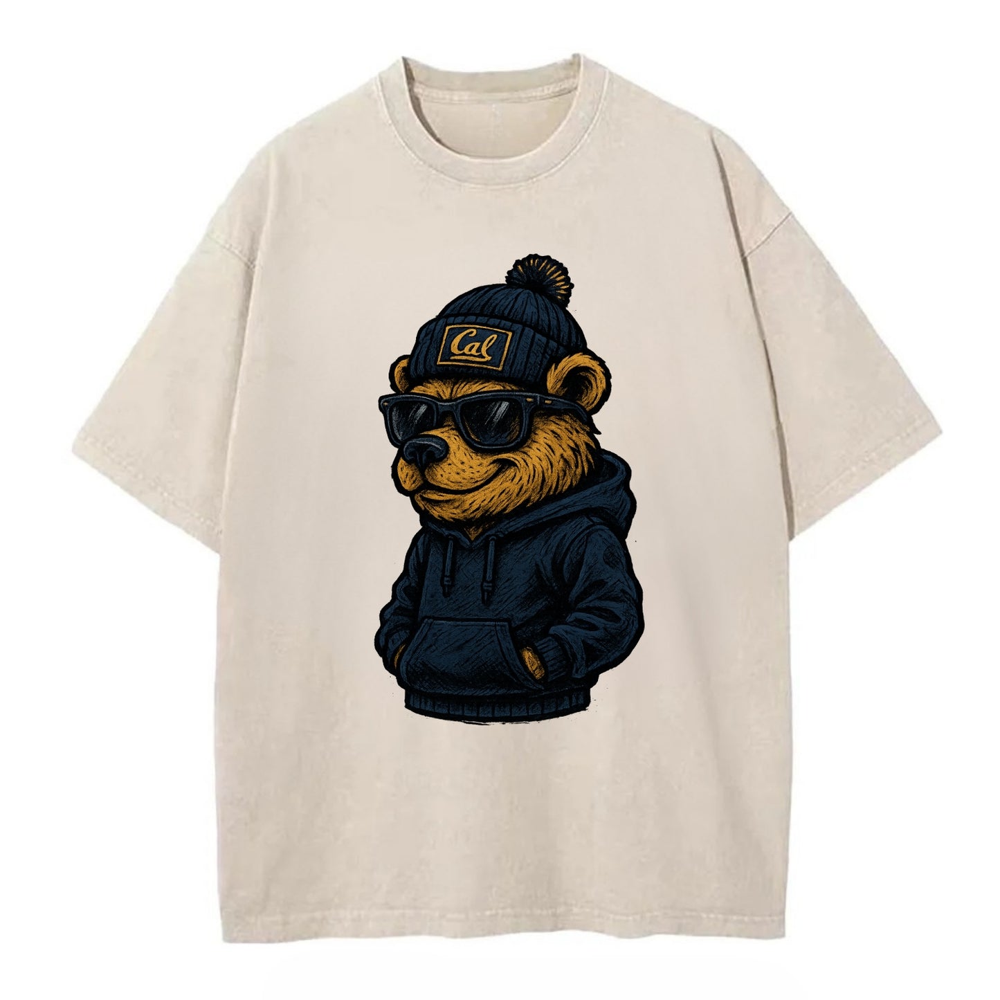 Berkeley Bear wearing Cal beanie with script patch - Vintage T-shirt - Off White