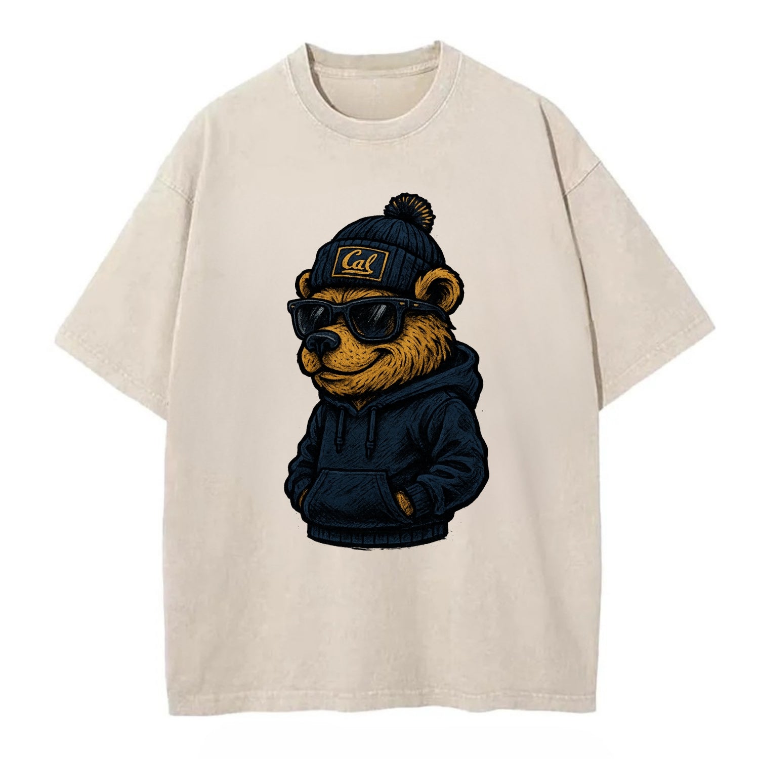Berkeley Bear wearing Cal beanie with script patch - Vintage T-shirt - Off White