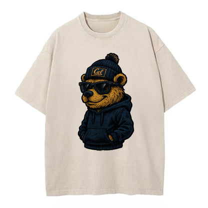 Berkeley Bear wearing Cal beanie with script patch - Vintage T-shirt - Off White