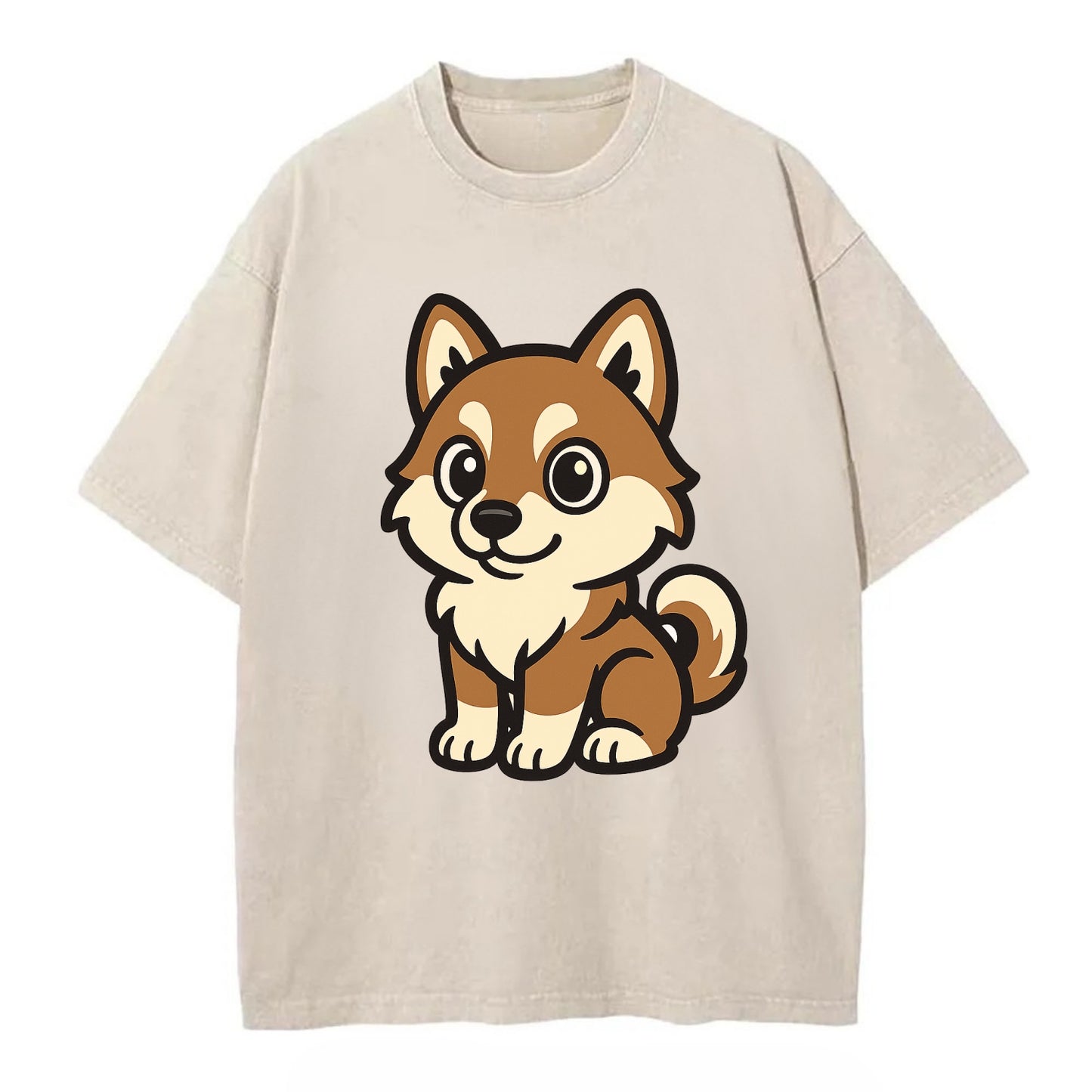Pomsky - Pomeranian-Husky mix sitting pose - Vintage T-shirt - Off White