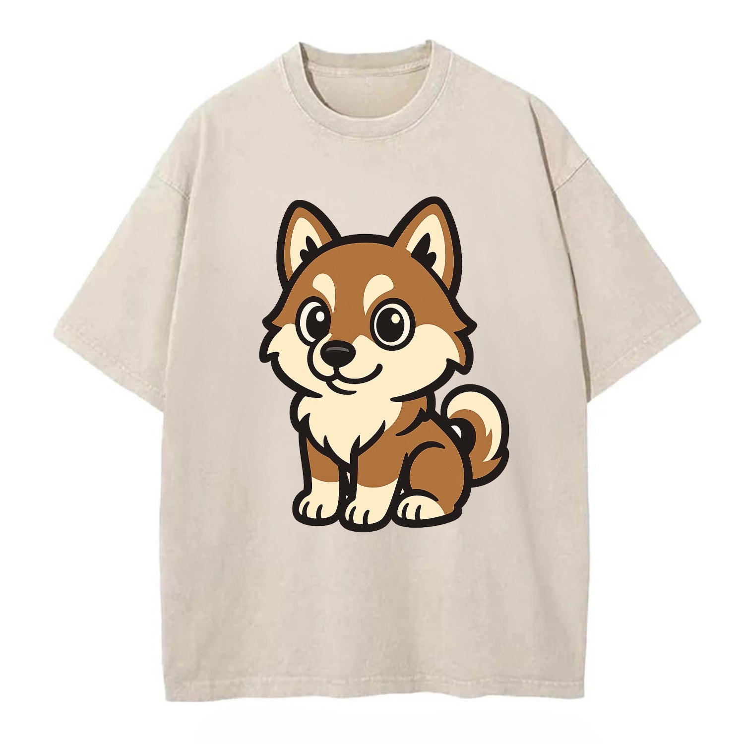 Pomsky - Pomeranian-Husky mix sitting pose - Vintage T-shirt - Off White