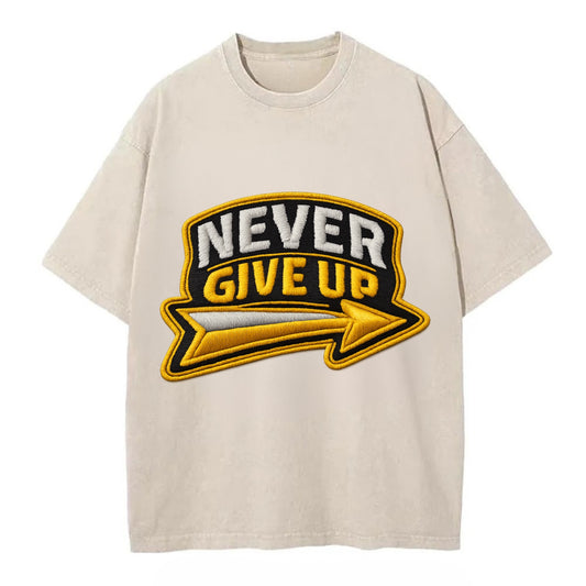 NEVER GIVE UP - bold text with arrow in gold , determination - Vintage T-shirt - Off White