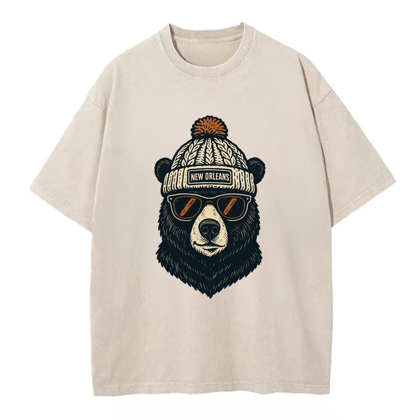 Louisiana Black Bear wearing New Orleans beanie with pom pom and wayfarer - Vintage T-shirt - Off White