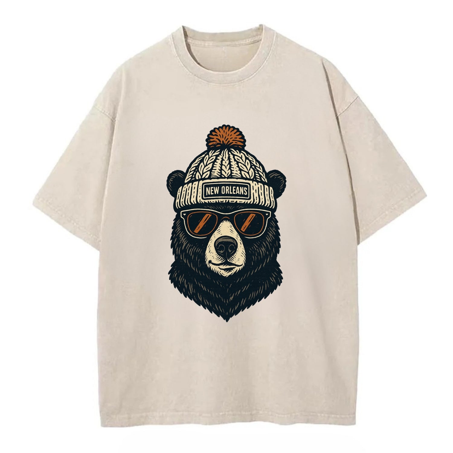 Louisiana Black Bear wearing New Orleans beanie with pom pom and wayfarer - Vintage T-shirt - Off White