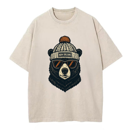 Louisiana Black Bear wearing New Orleans beanie with pom pom and wayfarer - Vintage T-shirt - Off White