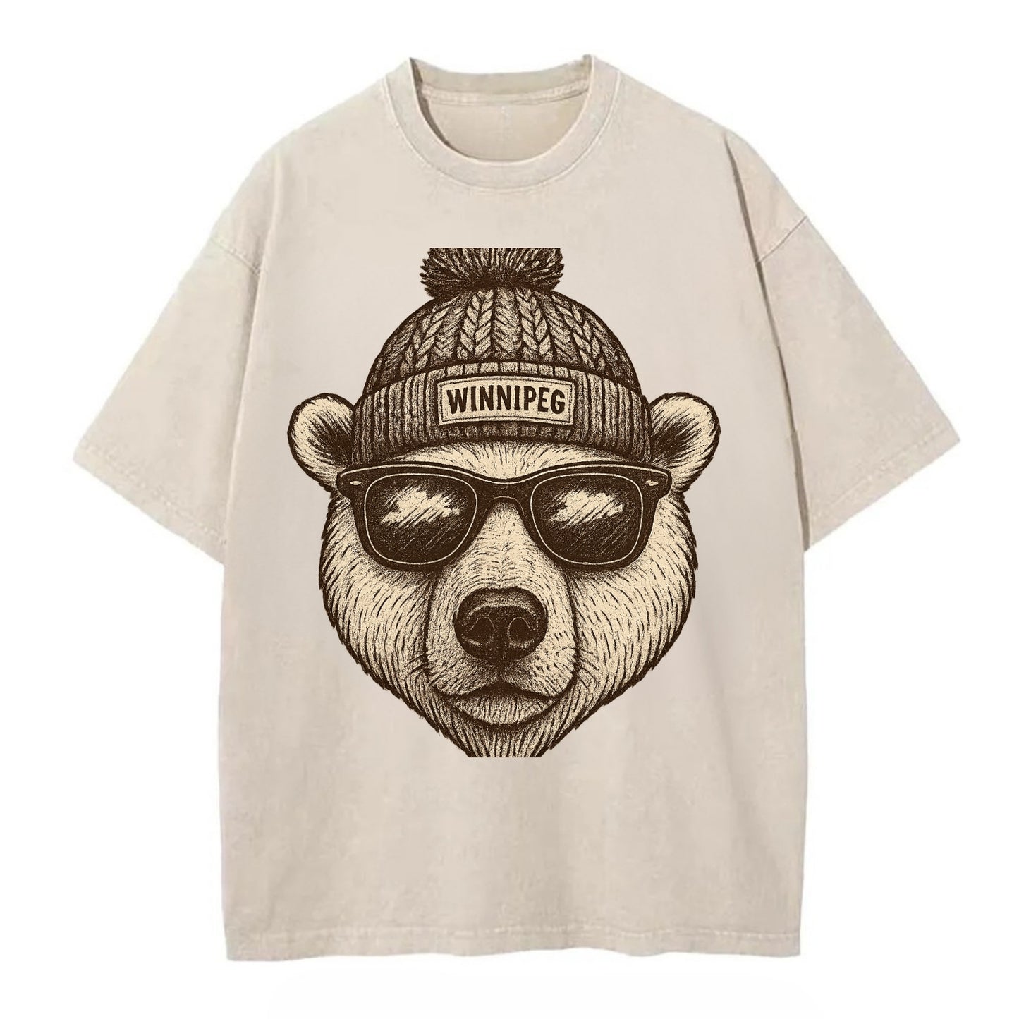 Winnipeg Polar Bear wearing Winnipeg beanie with pom pom and wayfarer sunglasses - Vintage T-shirt - Off White