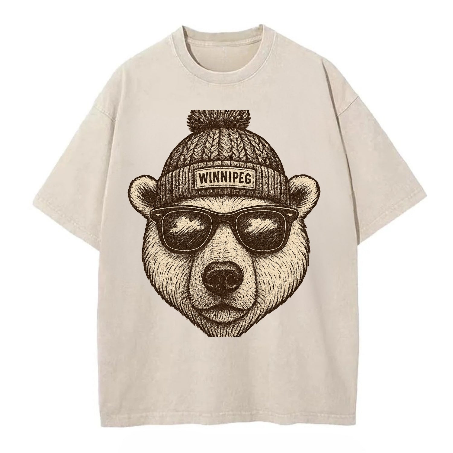 Winnipeg Polar Bear wearing Winnipeg beanie with pom pom and wayfarer sunglasses - Vintage T-shirt - Off White