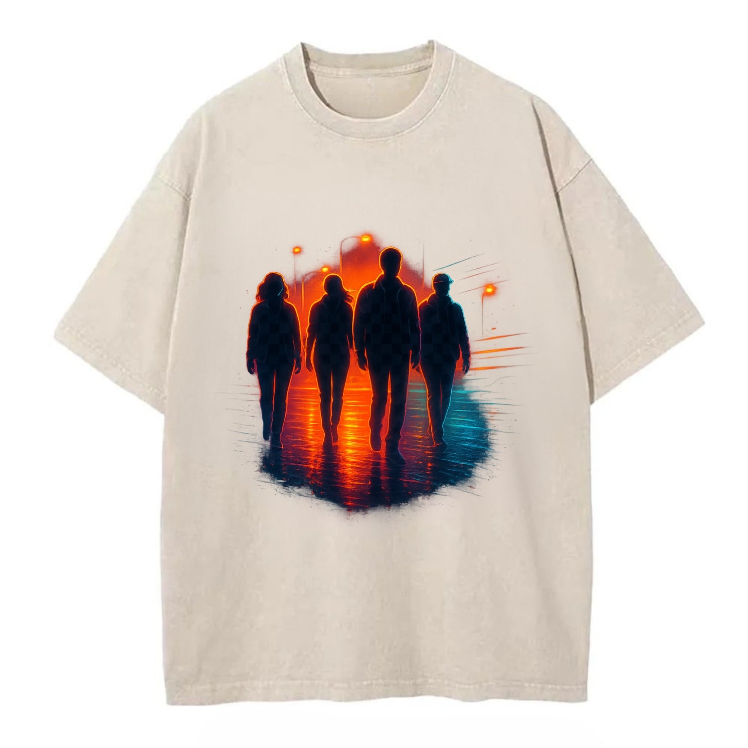 gang of silhouettes walking together at sunset by the beach - Vintage T-shirt - Off White