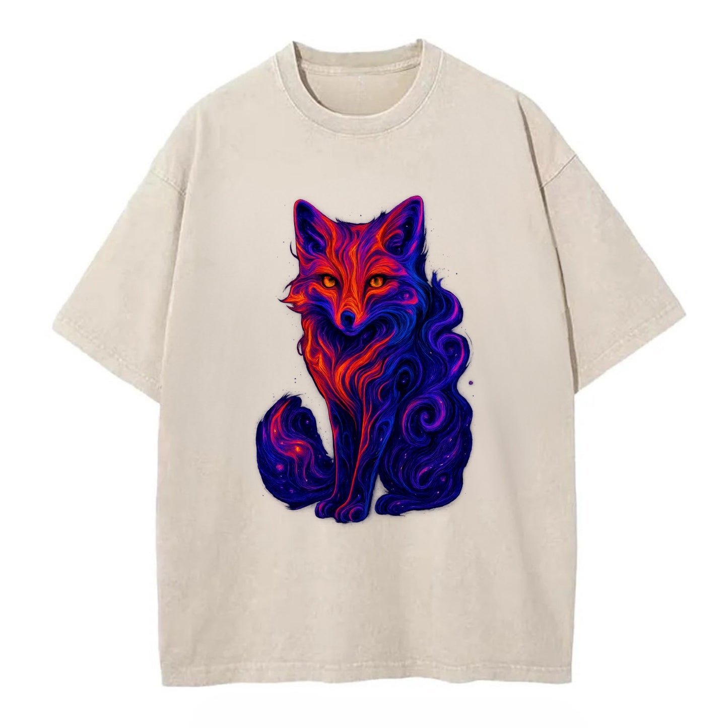 Clever fox with tail dissolving into cosmic nebula swirls, orange to purple - Vintage T-shirt - Off White