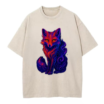 Clever fox with tail dissolving into cosmic nebula swirls, orange to purple - Vintage T-shirt - Off White