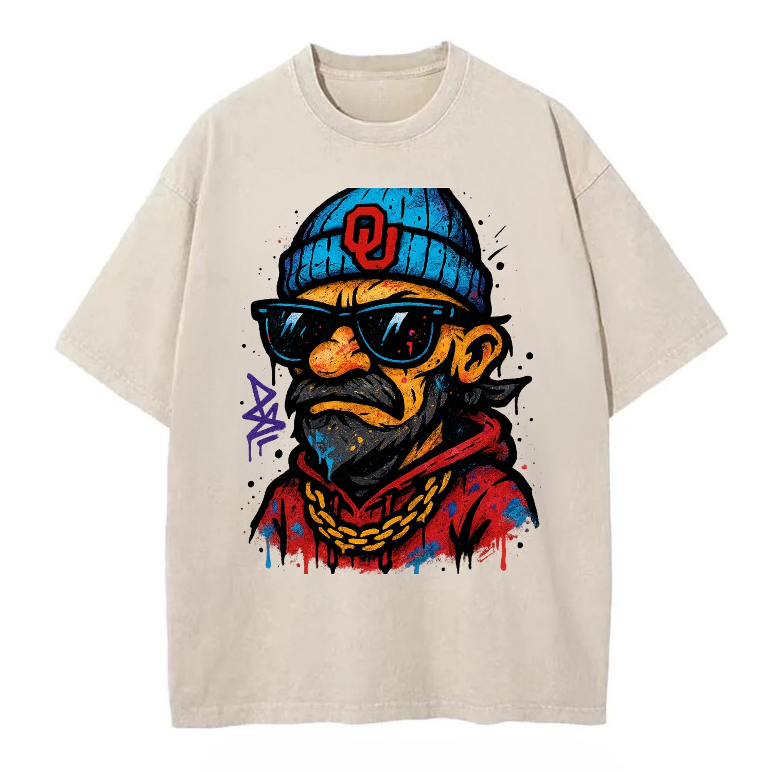 Norman Sooner wearing Oklahoma beanie with OU patch - Vintage T-shirt - Off White
